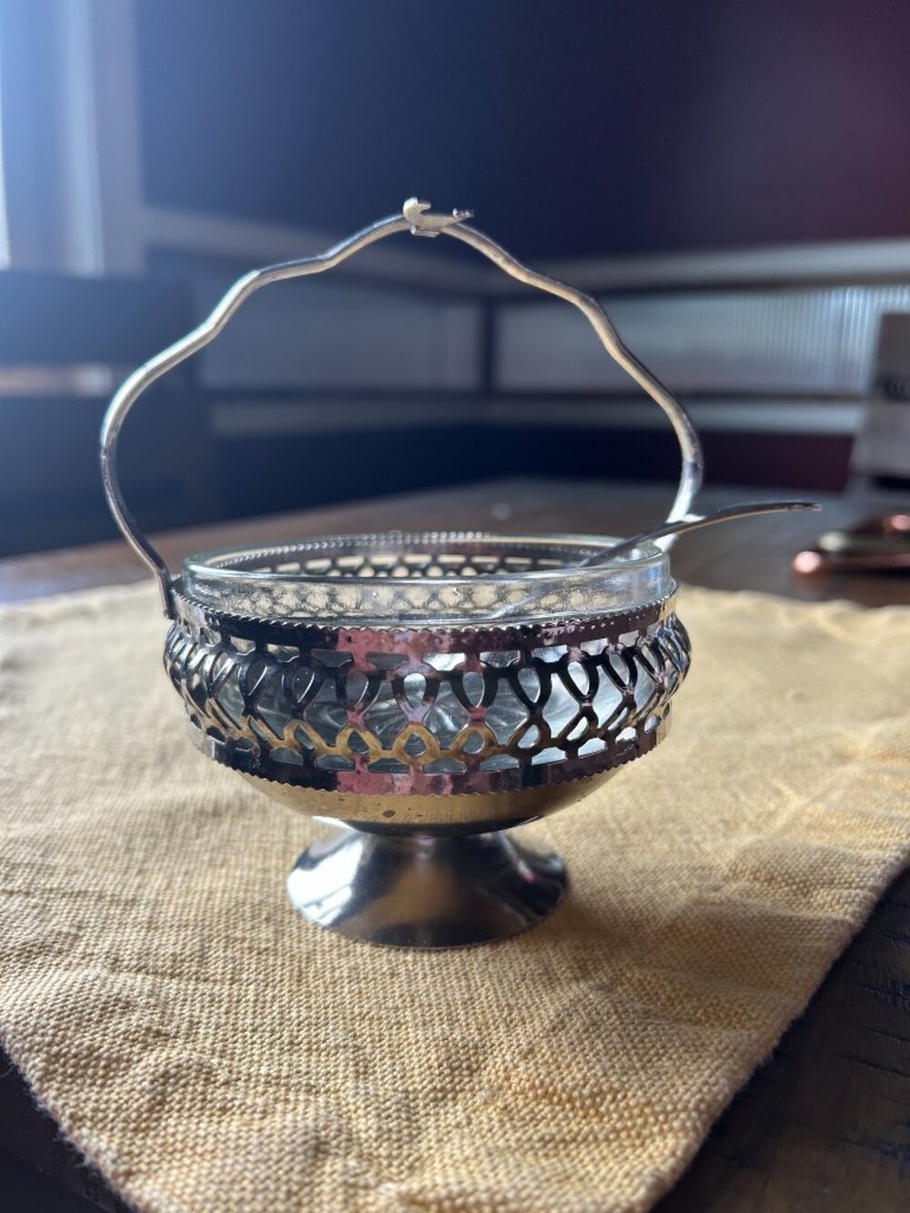 Vintage Silver Sugar Bowl with Spoon or Condiment dish w ornate metal basket - Picture 4 of 7